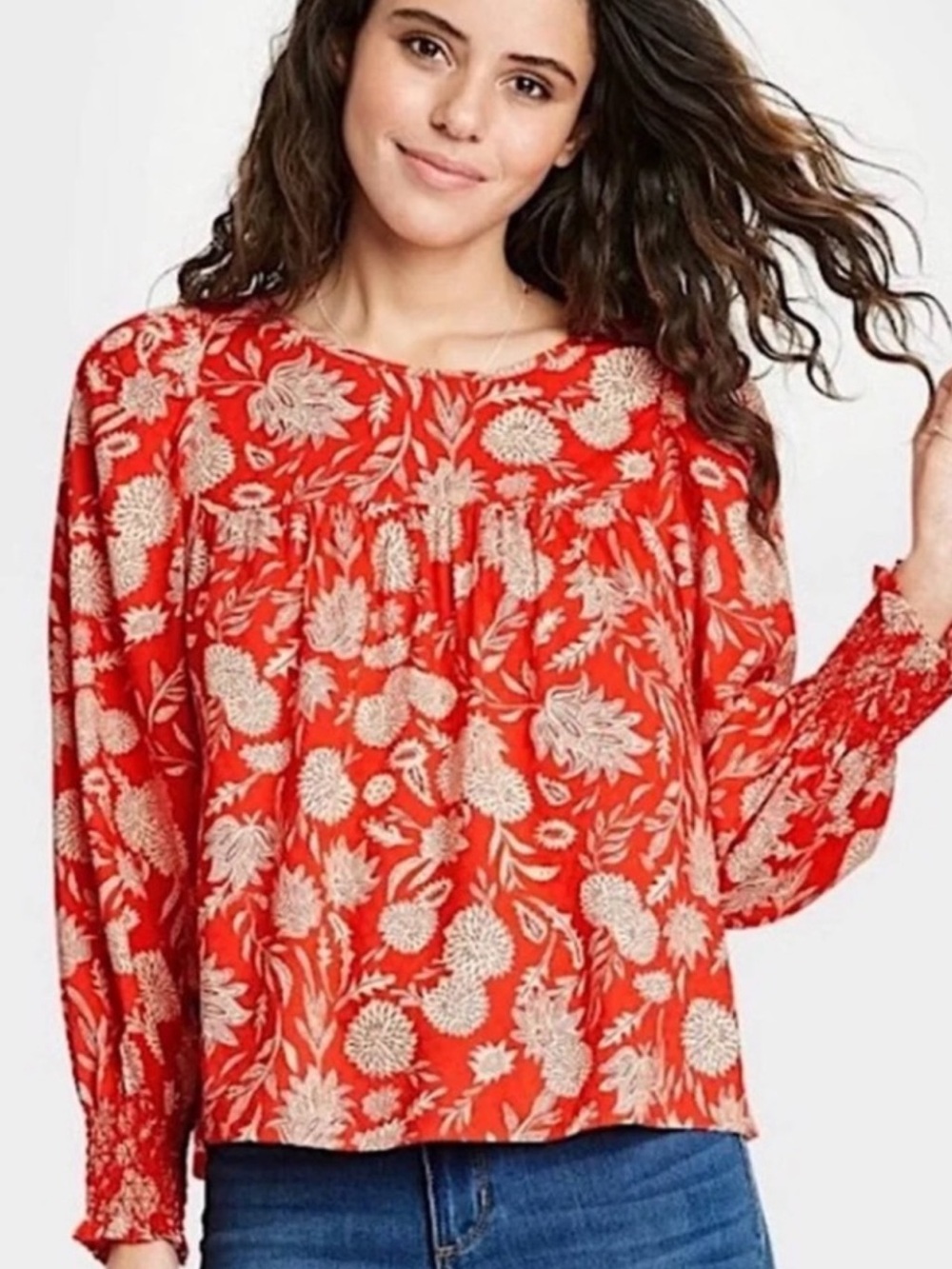 Universal Thread Red Floral Peasant Blouse with smocked cuffs